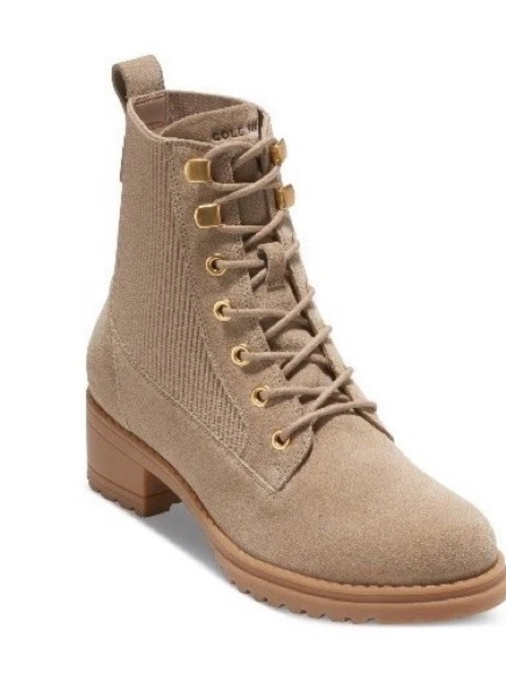 Cole Haan Camea Waterproof Lace-Up Combat Boots in Beige Suede